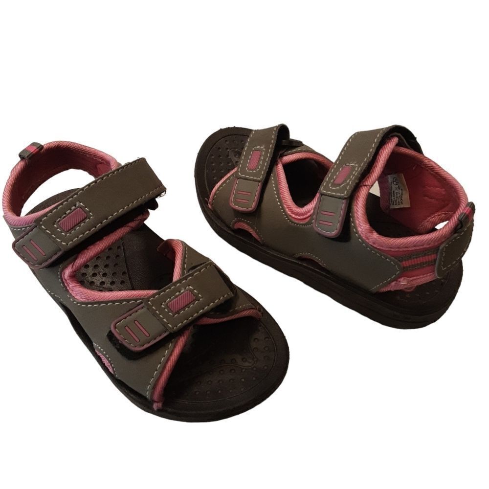 K-02 Sandals‎ Toddler Gray Pink Faux Suede Velcro Pink Trim sz 9-10